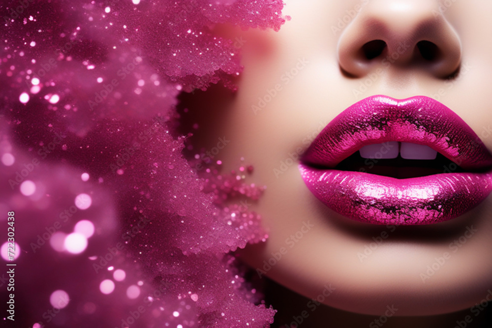 Close-up of beautiful raspberry shiny female lips in bright glitter. Lower part of a woman's face with sexy lips.