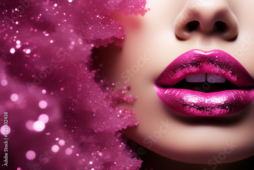Obraz na płótnie Close-up of beautiful raspberry shiny female lips in bright glitter. Lower part of a woman's face with sexy lips. w salonie