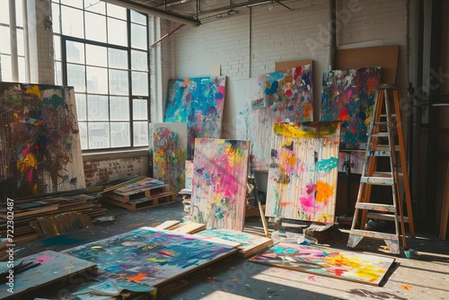 Abstract artist's loft with paint splattered canvases and bright light