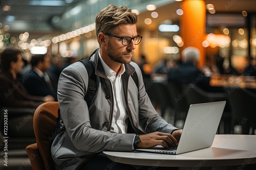 A focused man sitting at a wooden table, completely engrossed in his laptop computer, transcending boundaries of time and space. A focused man sitting at a wooden table, completely engrossed in his laptop computer, transcending boundaries of time and space.
