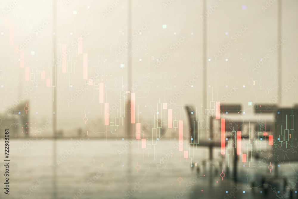Φωτογραφία Abstract virtual global crisis chart and world map sketch on a modern boardroom background, falling markets and collapse of global economy concept