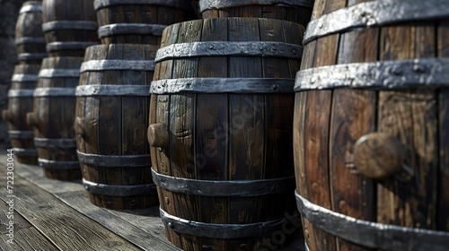 Vintage wooden barrels with metal rims. Close-up. Generated AI