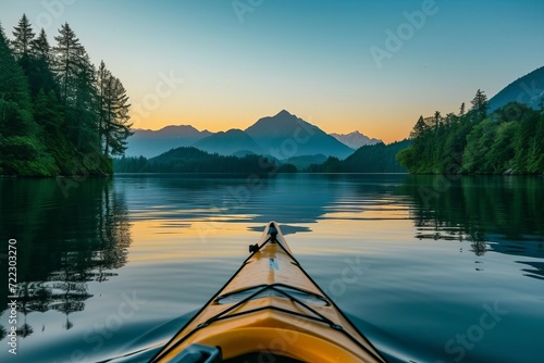 Sunset kayaking on a calm lake with mountain views © Bijac