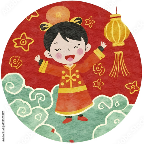 Chinese New Year Celebration with greeting girl in traditional custume Decorations and Holiday Cheer watercolor transparent background photo