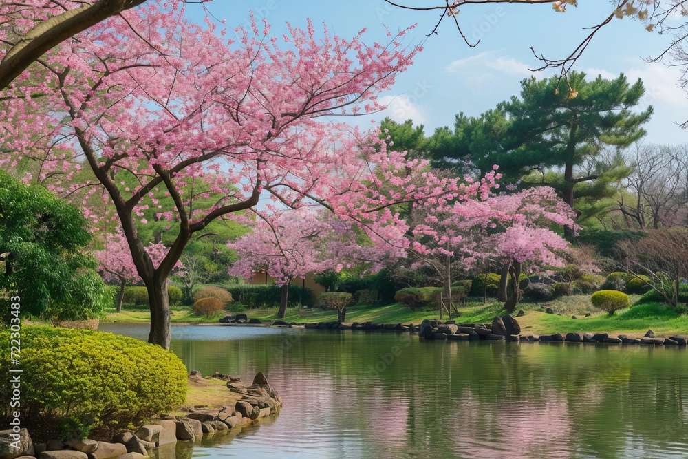 Blooming cherry blossom trees in a serene japanese garden Blooming cherry blossom trees in a serene japanese garden