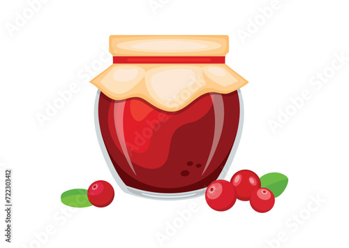 Cranberry jam in glass jar and fresh cranberries berry fruit vector illustration. Glass of cranberry marmalade design element. Cranberry jam jar icon set isolated on a white background