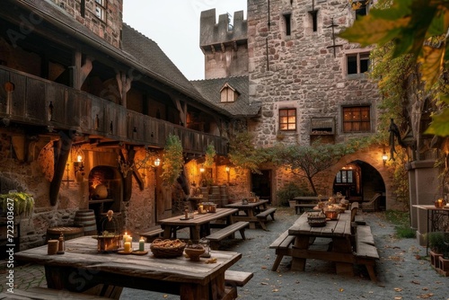 Enchanted castle courtyard with moonlit feasts and medieval merriment