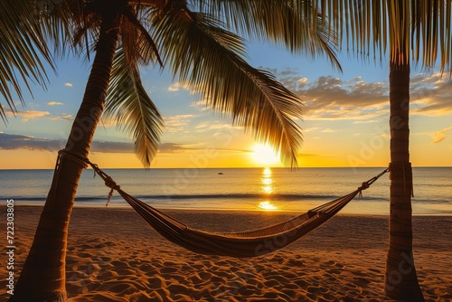 Golden hour at the beach with palms and hammock