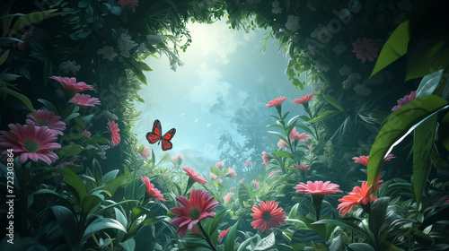 Beautiful enchanted landscape. Fantasy garden background. Magic meadow with spring blooming flowers. Copy space. Fairy tale banner.