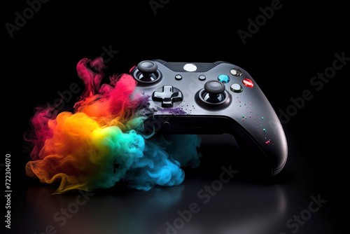 game controller, joystick, gamepad with colorful powder explosion on background .Video games. Illustration. Generative AI photo