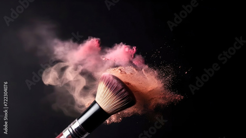 Cosmetic brush with pink powder in motion spreading on black background. No people. Cosmetic Background concept. Illustration. Generative AI photo