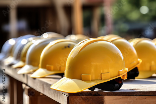 Many yellow hardhat helmet on row in construction site. Banner Construction hard hat safety helmet workers for engineering protection head standard. industry and construction concept