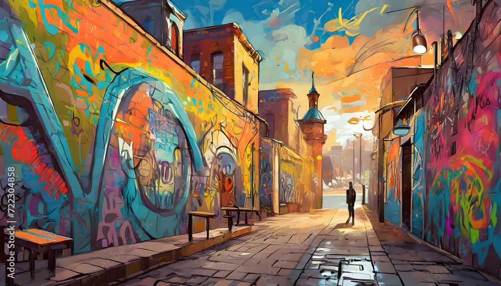 Naklejka premium An urban setting with a graffiti-covered wall, offering a vibrant and edgy atmosphere.
