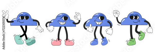 Cloud characters in trendy retro cartoon style. Set of clouds characters in groovy retro style. Funny vector mascot. Vector illustration isolated on white background. 1970s hippy character.