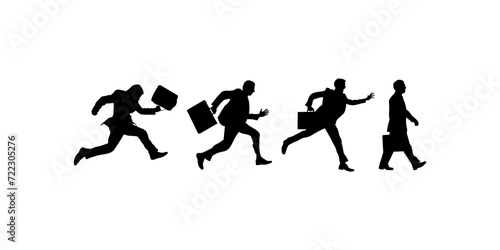 Worker or businessman in a suit running fast silhouette. Set of a  running businessman in a suit holding a briefcase or suitcase and paper silhouette.