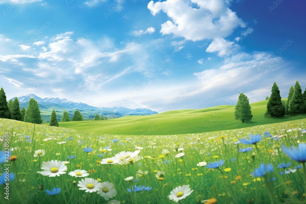 Beautiful spring landscape with blue sky and white clouds on green ...