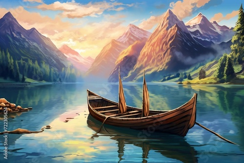 Fantasy landscape with wooden boat on the lake,  Digital painting