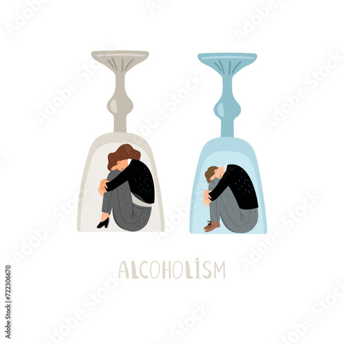 Alcoholic sits inside an upside down glass. A woman with an alcohol addiction was covered by an overturned glass. Alcohol abuse concept vector illustration