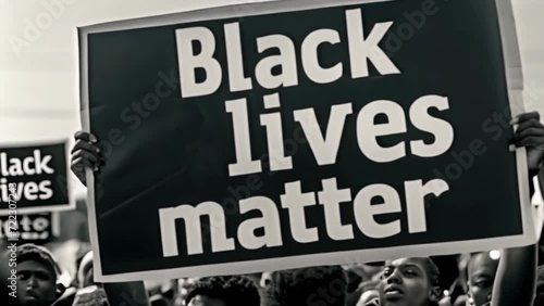 African American people rights protest. Black lives matter banner. Fight against racism. Peaceful demonstration concept. Justice march, activists movement. Police brutality. Civil protester crowd blm. photo