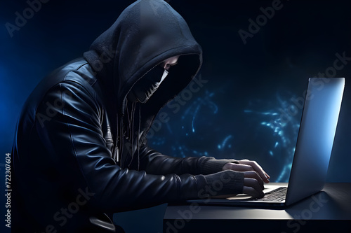 Hacker in a black leather jacket with a computer on a dark background - Ai Generated