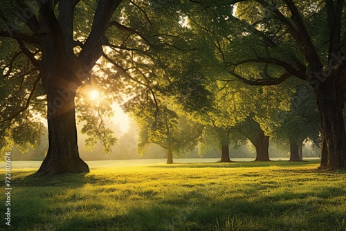 Beautiful summer landscape with green trees and sun shining through the trees