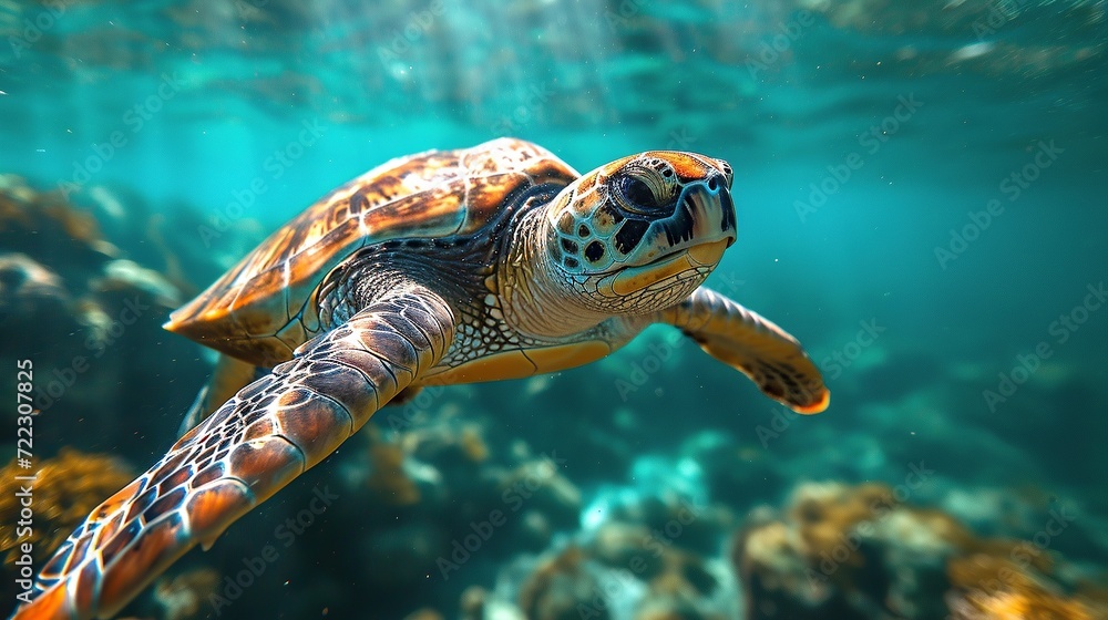 Obraz premium Tranquil turtle swimming in the soft green sea
