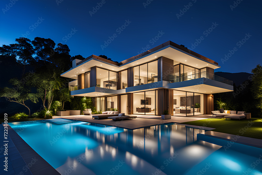 Luxury house with swimming pool illuminated at night Luxury house with swimming pool illuminated at night