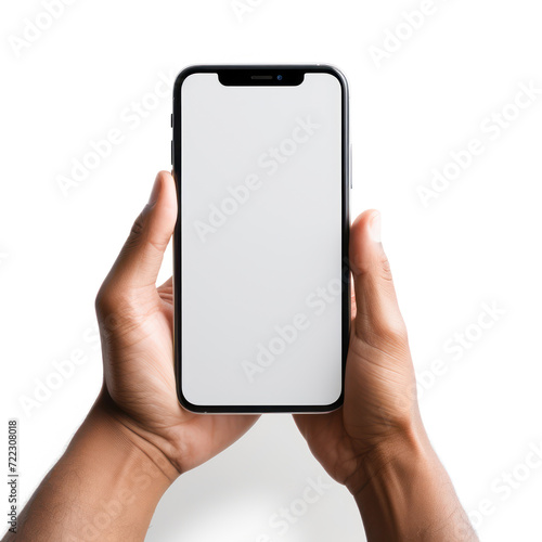 smartphone holding in hand with empty screen on white background.