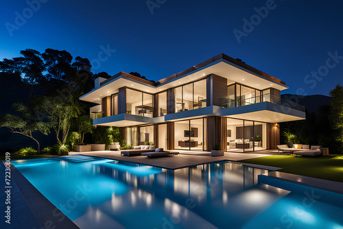Luxury house with swimming pool illuminated at night © SumanAdhikari