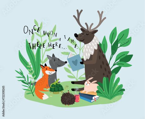 Deer reads a book to baby animals. Magic fairy tale in a clearing
