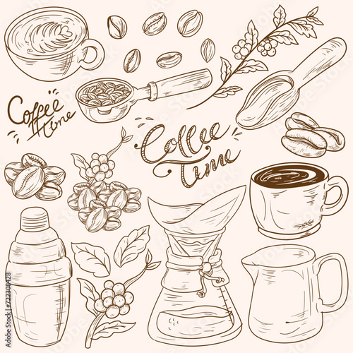 Sketch coffee elements set