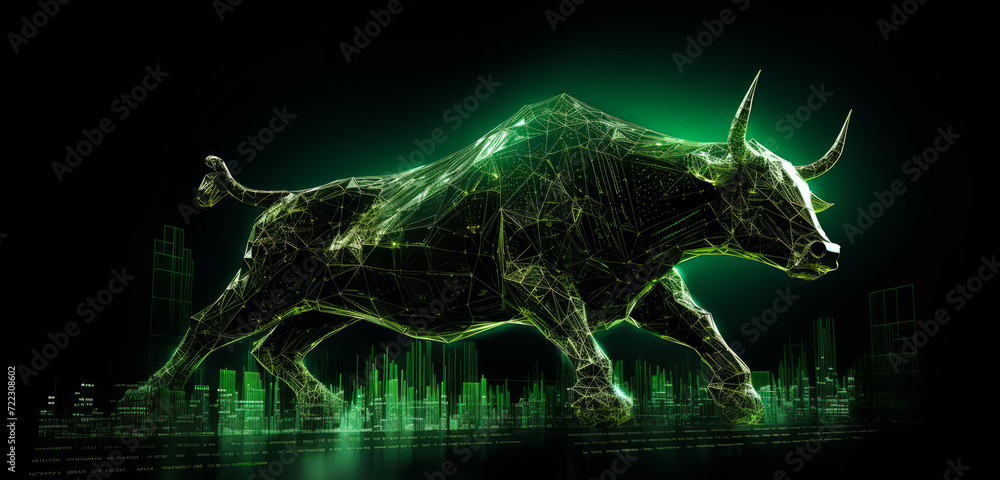 green neon bull illustration like symbol representing financial market trends, crypto currency market green neon bull illustration like symbol representing financial market trends, crypto currency market