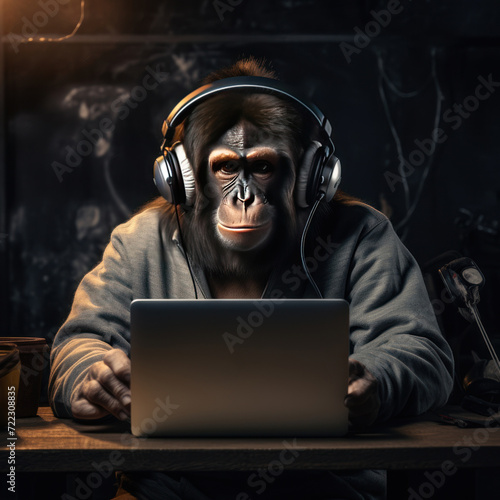 Monkey or gorilla using laptop and listening music with headphone