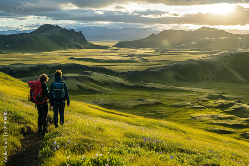 A couple of young hikers with heavy backpacks admiring scenic view of spectacular Icelandic nature. Breathtaking landscape of Iceland. Hiking by foot.