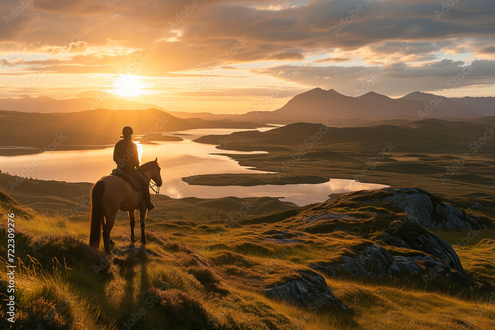 Person riding a horse in beautiful Irish landscape on dramatic sunset. Man admiring scenic view while on horseback riding tour in Connemara, on the west coast of Ireland.