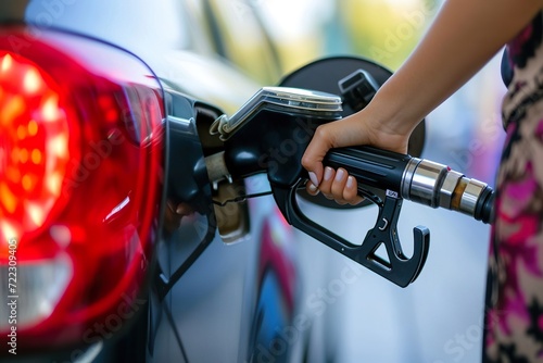 A woman's hand holds a gasoline gun next to the open gas tank of a car. Close-up. Generated AI