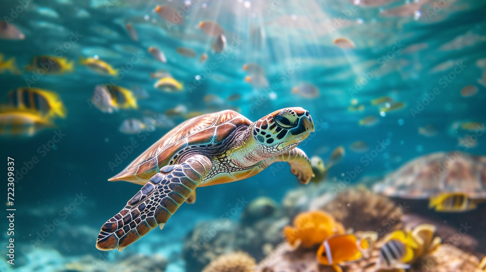 Fototapeta premium Sea turtle surrounded by colorful fish underwater