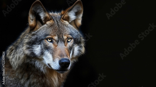 Portrait of adult wolf on black background 