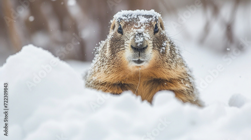 Groundhog covered in snow
