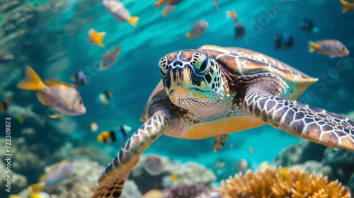 Sea turtle surrounded by colorful fish underwater photo