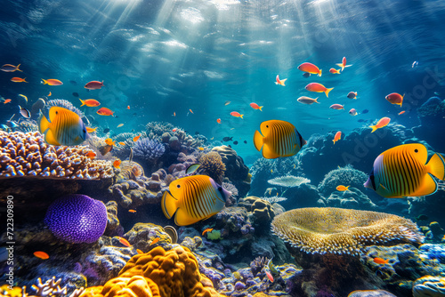 Colorful fish swimming in underwater coral reef landscape. Deep blue ocean with colorful fish and marine life. © MNStudio