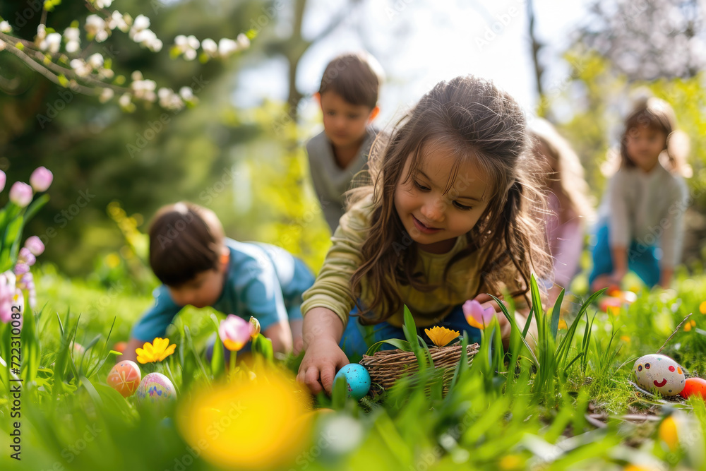 Fototapeta premium Joyful children engage in an Easter egg hunt in a lush garden, with colorful eggs hidden among the vibrant spring grass. 