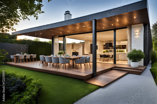 View of luxurious modern house exterior with dining space and garden
