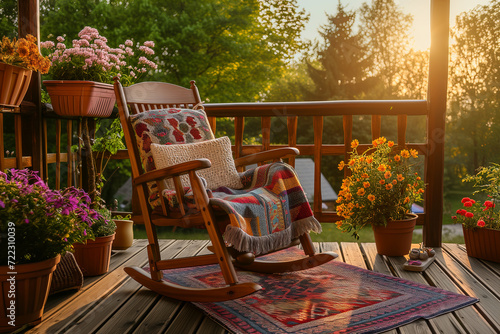 Cozy wooden terrace with rustic furniture, soft colorful pillows and blankets, rocking chair and flower pots. Charming sunny evening in summer garden. photo