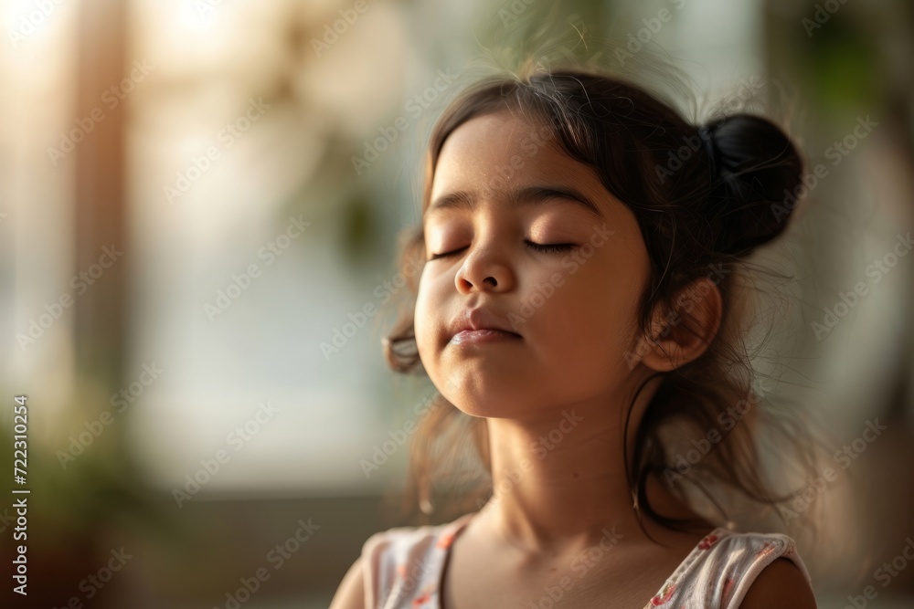 Close up little arabic indian girl sits with her eyes closed relaxingly meditating in the room, children's mental health and relaxation concept Close up little arabic indian girl sits with her eyes closed relaxingly meditating in the room, children's mental health and relaxation concept