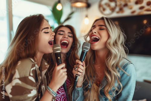 Best female friends singing into a microphones at karaoke night. Three cheerful young women singing their favorite songs at a house party. photo