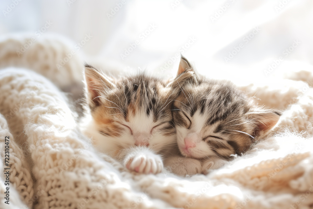 Two cute fluffy white and grey kittens sleeping in soft cozy blanket on sunny day.
