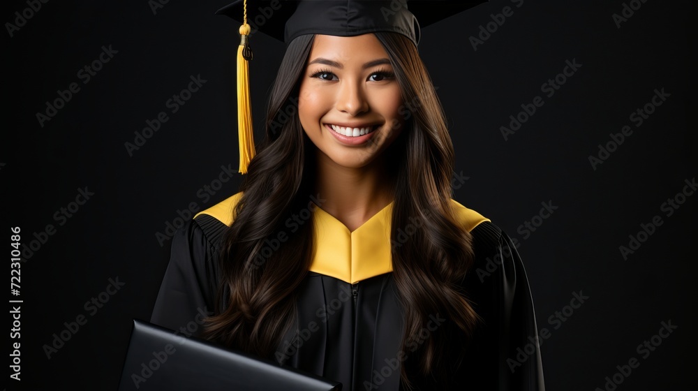 Joyful female graduate holding diploma, celebrating success, isolated on white background - obrazy, fototapety, plakaty 