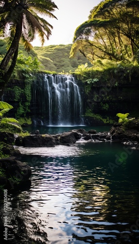 Captivating serene park scene with beautifully cascading waterfall and abundant lush greenery