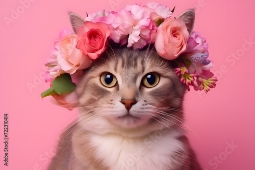 Beautiful Grey cat wearing a crown of flowers on a pink background